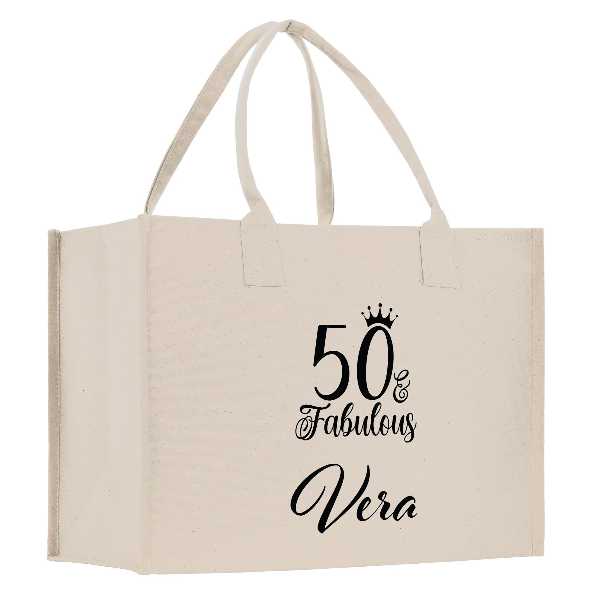 a white shopping bag with the words 50 fabulous and vera printed on it