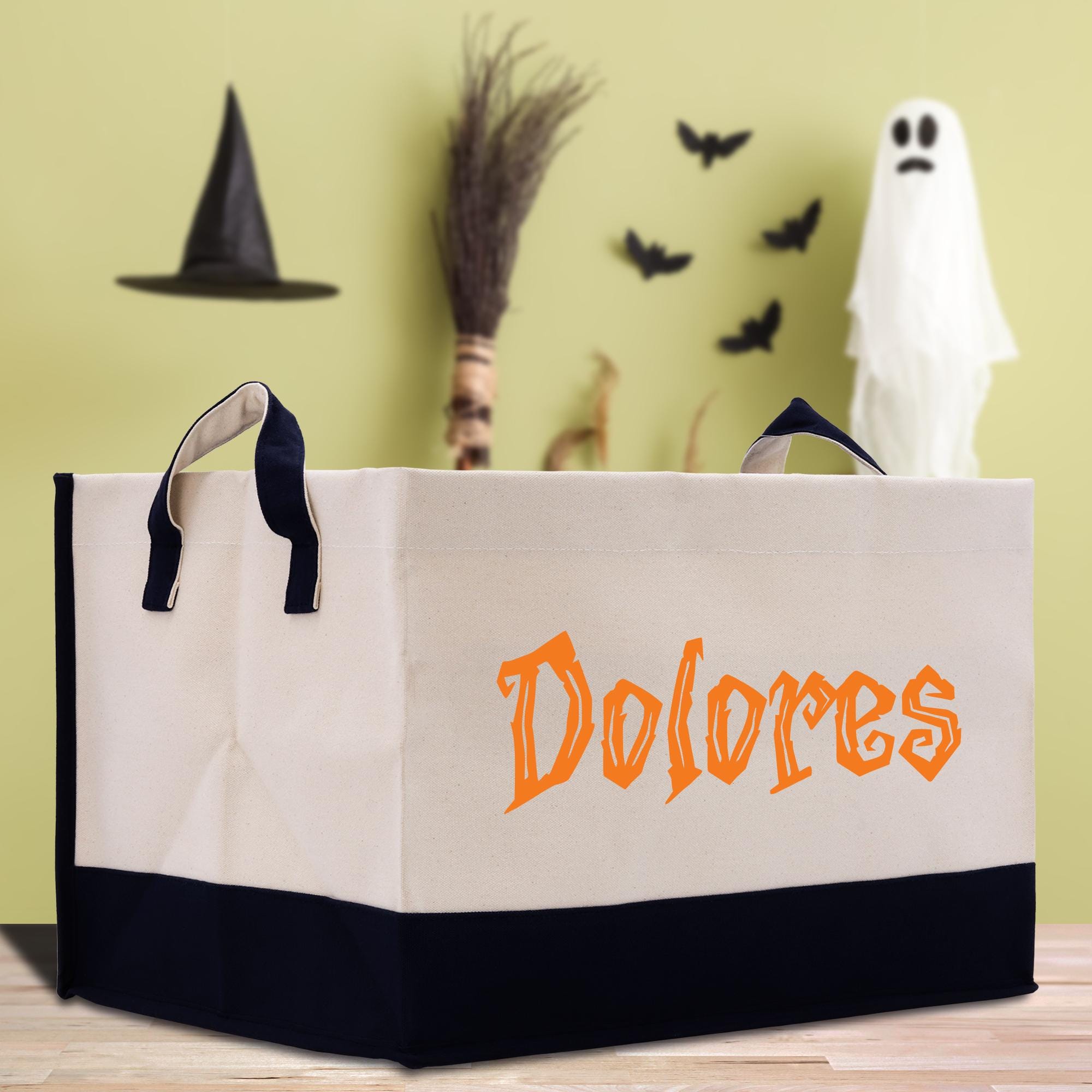 A white storage bin with the name &quot;Dolores&quot; printed on it, placed on a wooden floor against a green wall. In the background, there is a black witch&#39;s hat, a broom, and a ghost.