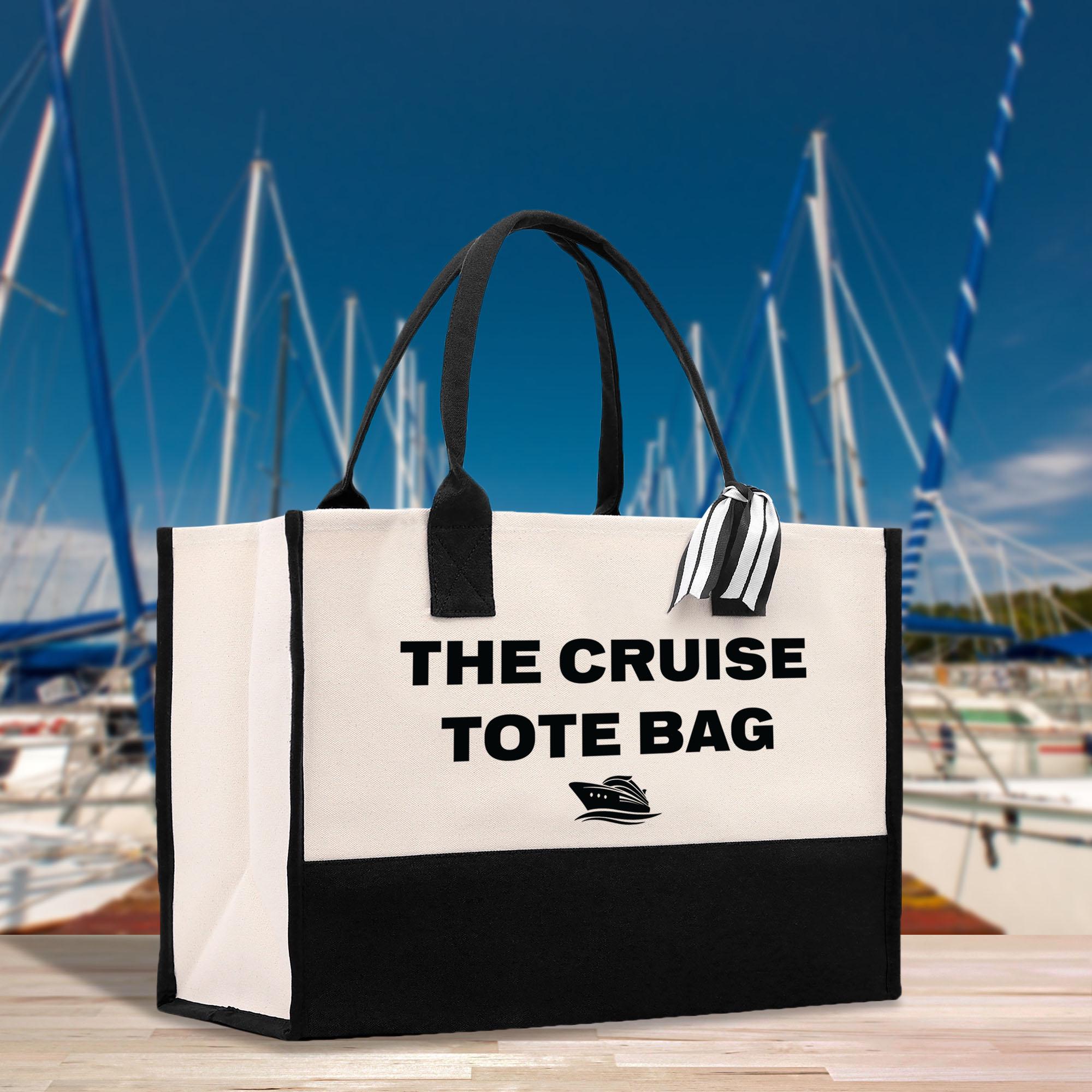 a black and white tote bag with the cruise tote bag on it