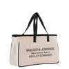 A beige canvas tote bag with black straps and handles, featuring the text "WALKER & JENNINGS Real Estate Agent ASHLEY EDWARDS" printed on it.