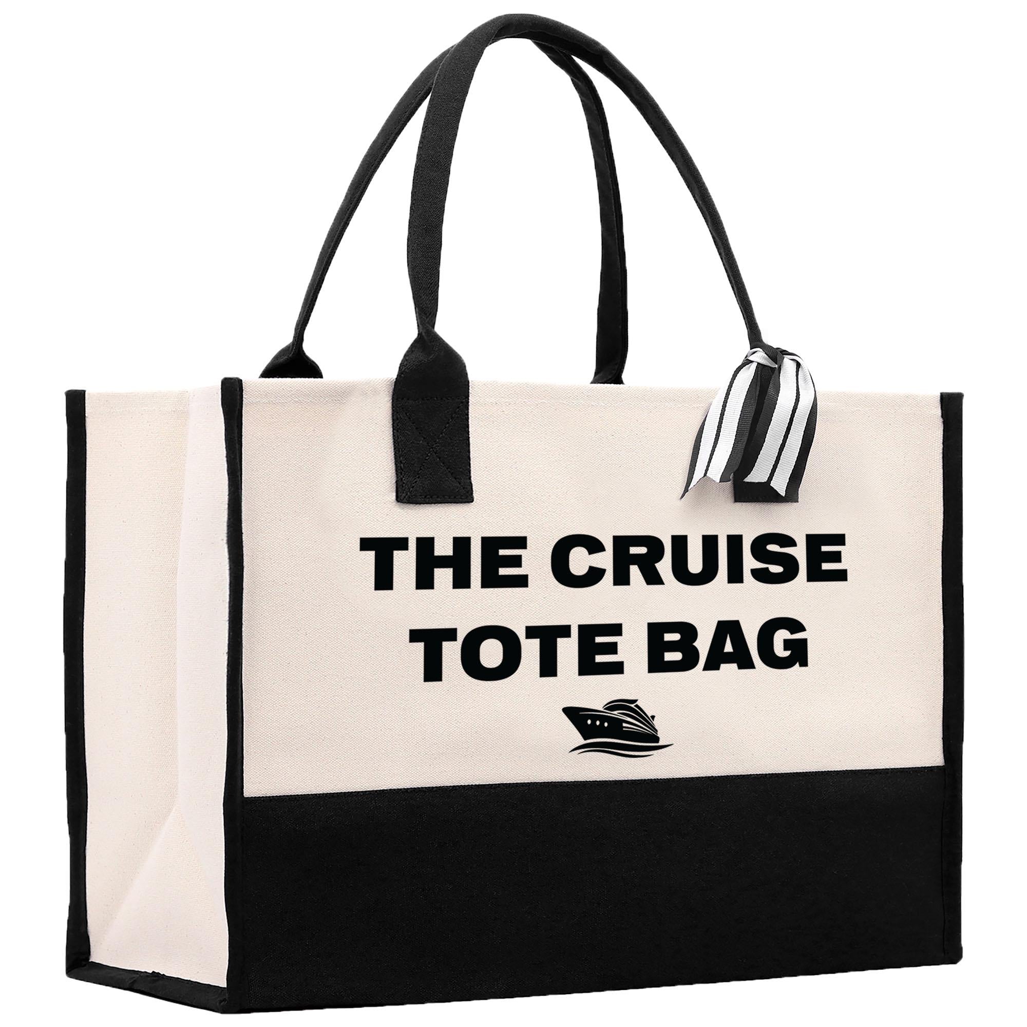 a black and white tote bag with the cruise tote bag on it