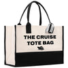 a black and white tote bag with the cruise tote bag on it