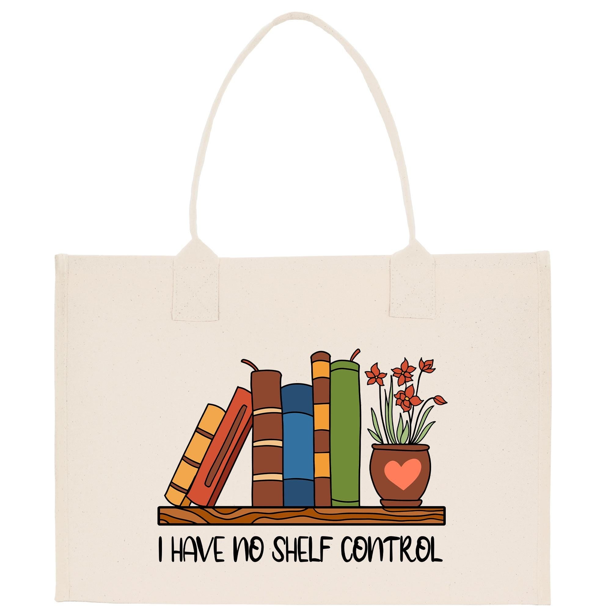 A white tote bag with a printed design depicting a bookshelf with colorful books and a potted plant, accompanied by the text &quot;I HAVE NO SHELF CONTROL&quot;.