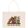 A white tote bag with a printed design depicting a bookshelf with colorful books and a potted plant, accompanied by the text "I HAVE NO SHELF CONTROL".