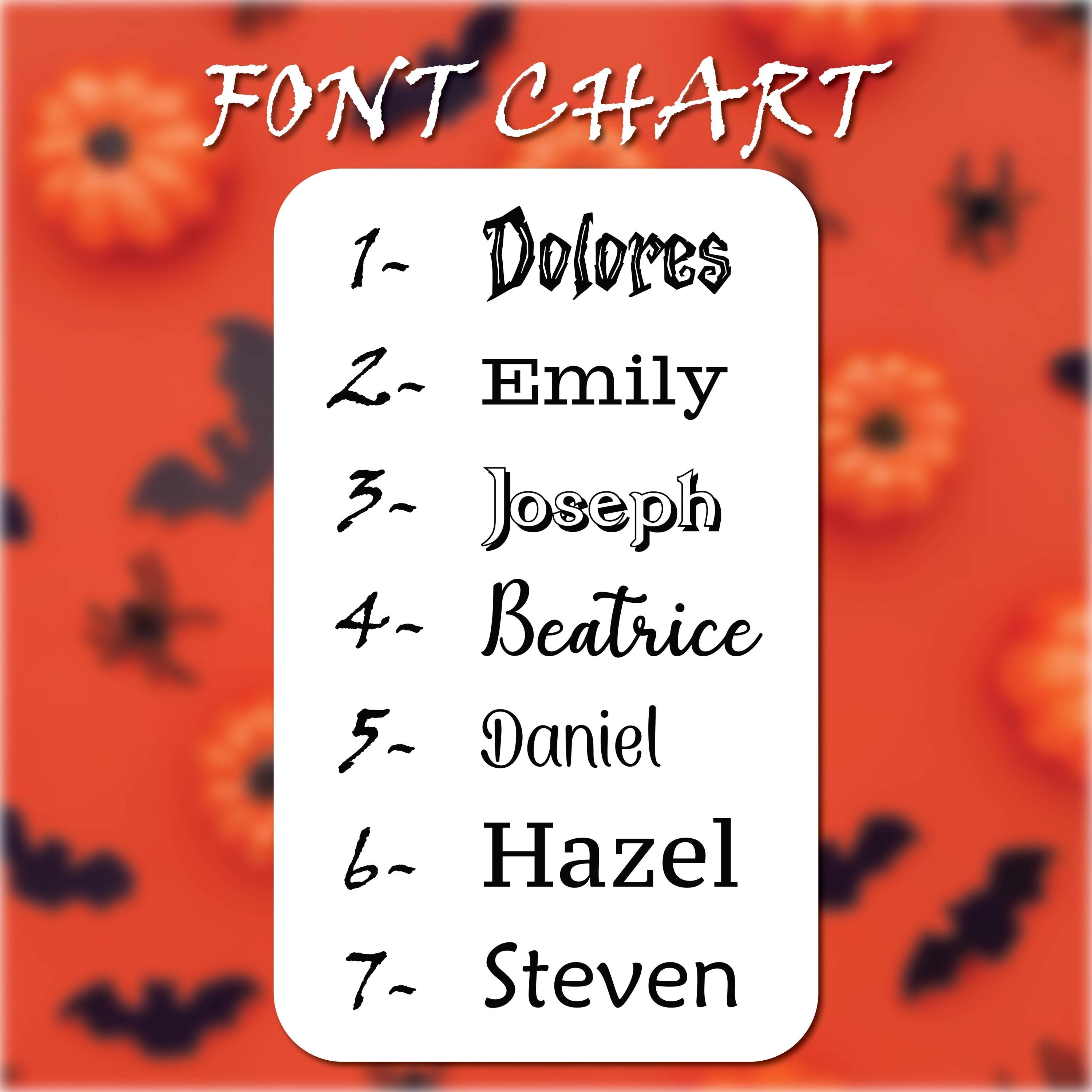 a list of names, likely representing individuals, against a background with orange pumpkins and bats. The names are written in a font chart format, which suggests that they are meant to be used for personal identification or branding purposes.