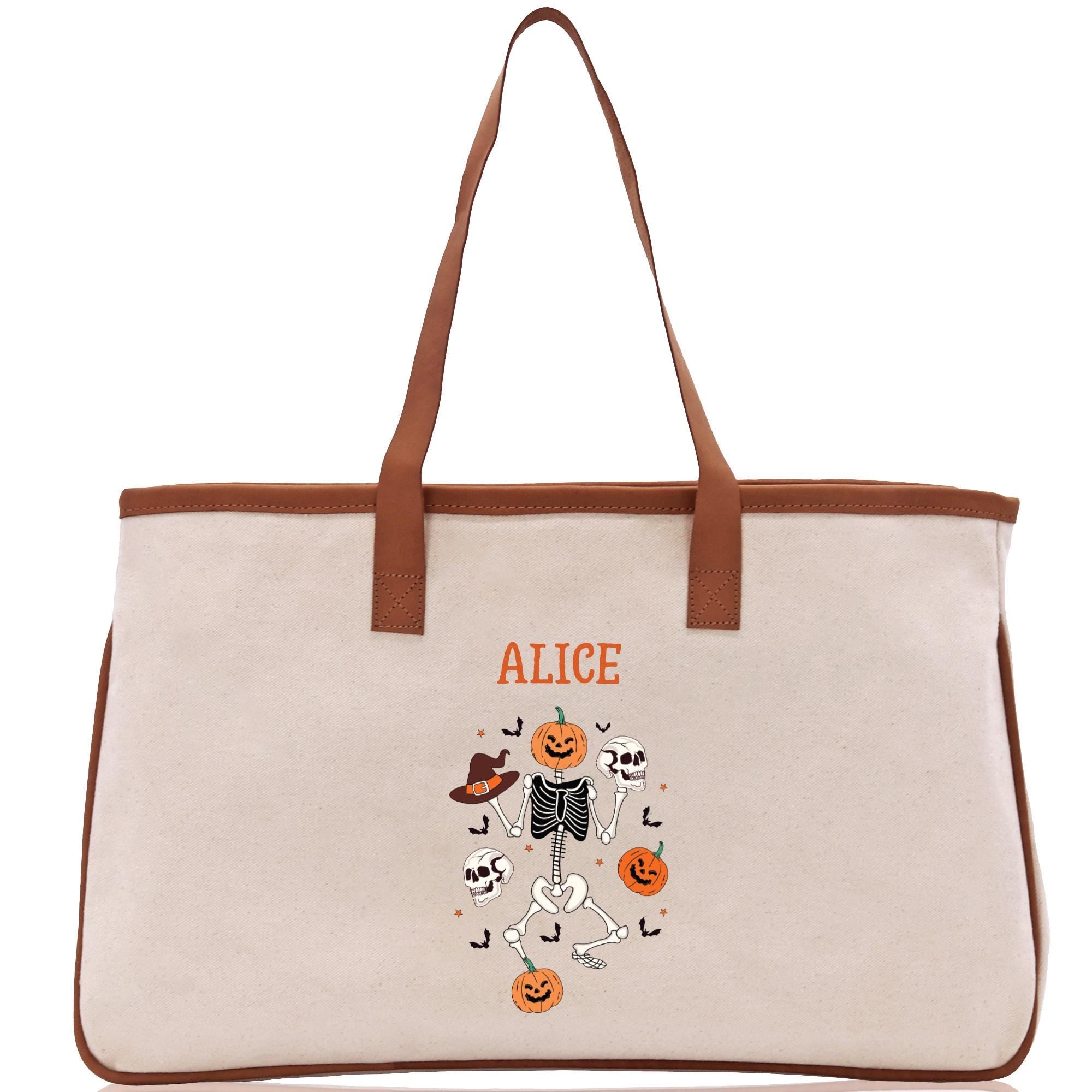 a white bag with a brown handle and a picture of alice on it