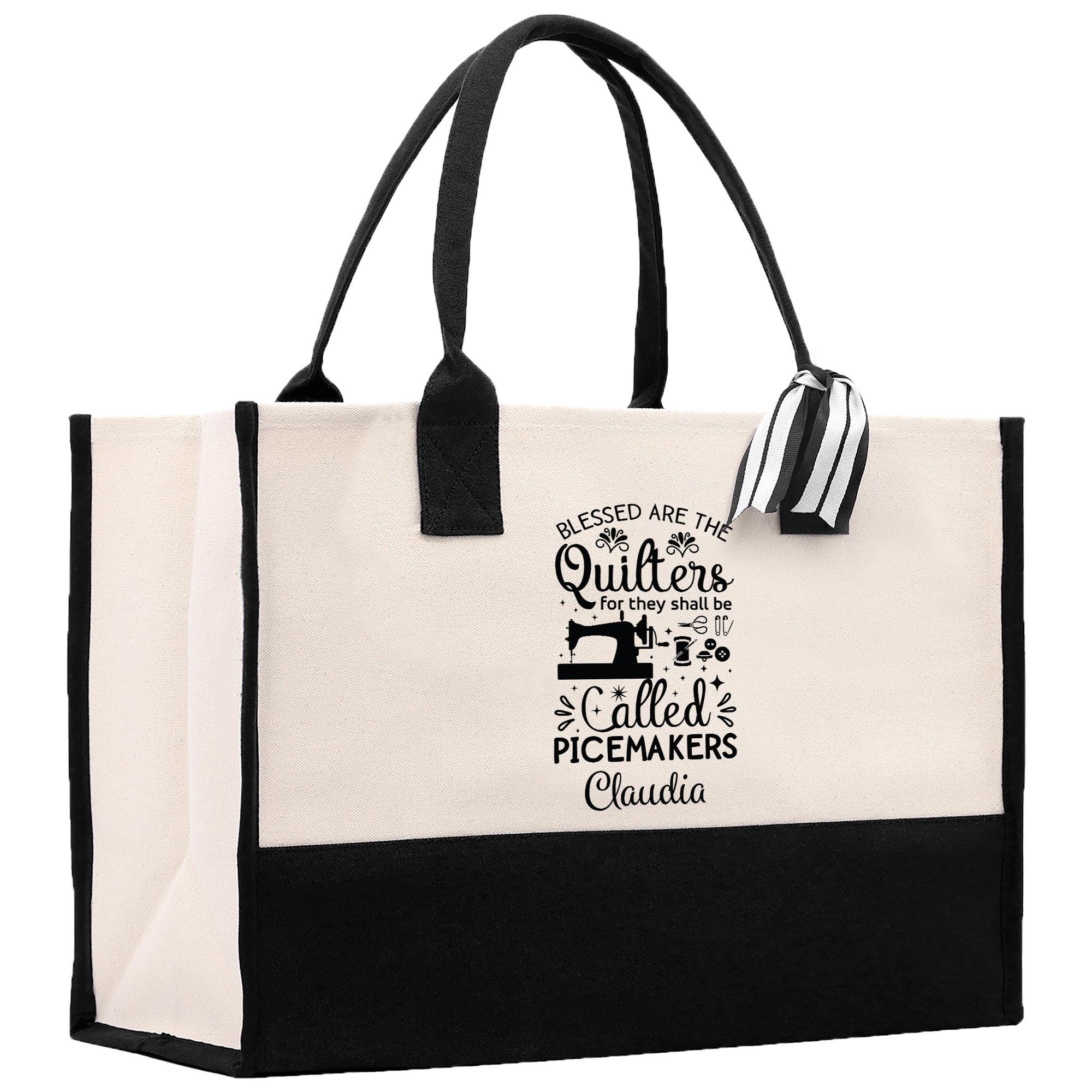 a black and white tote bag with the words quilters, quilters,