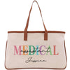 a white medical bag with a brown handle