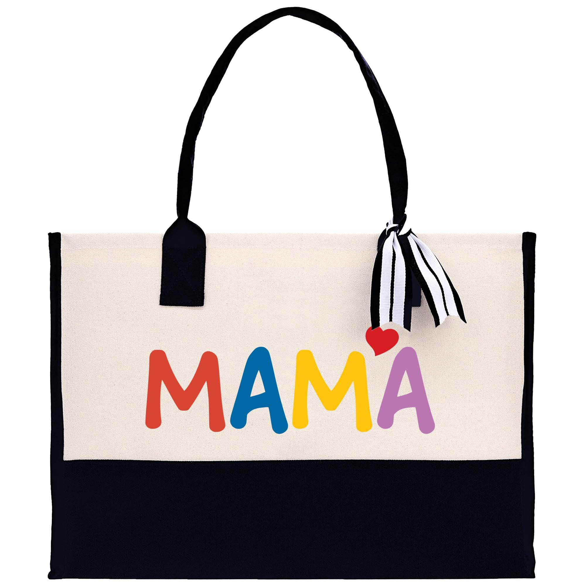 a white and black bag with the word mama printed on it