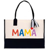 a white and black bag with the word mama printed on it