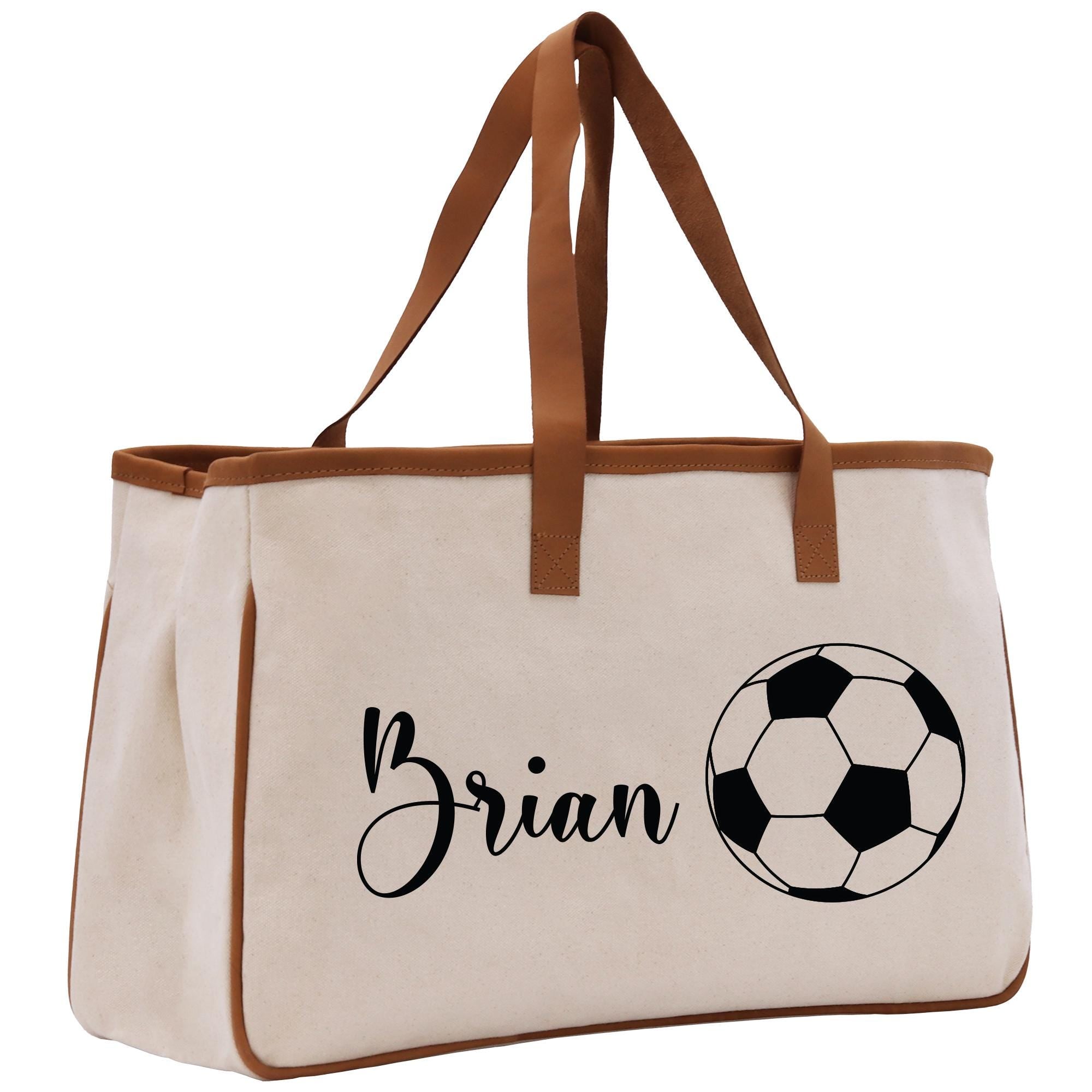 a white bag with a soccer ball on it