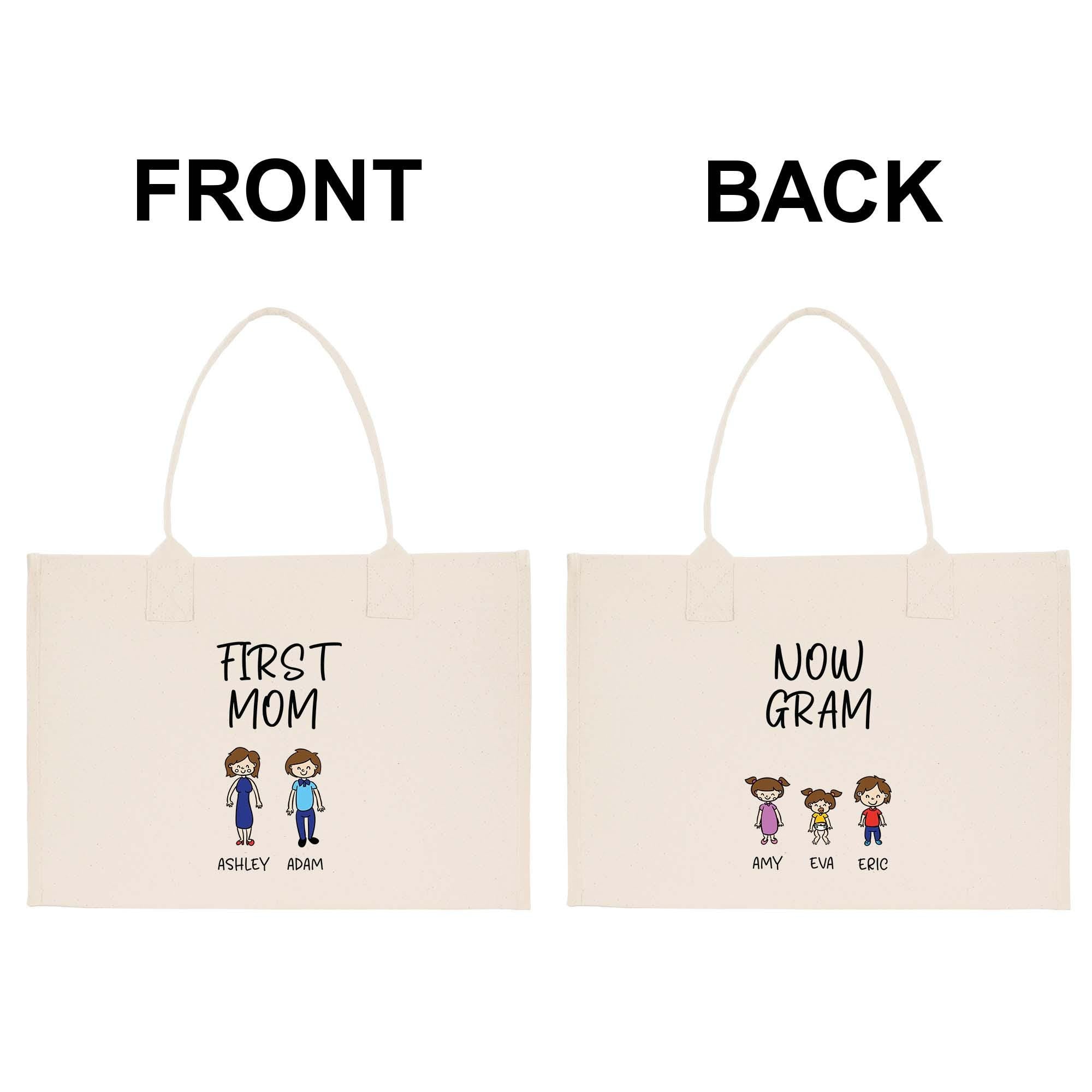 two beige tote bags with text and illustrations on them. The text on the bags reads &quot;FIRST MOM&quot; and &quot;NOW GRAM&quot;, and there are illustrations of two children and two adults.