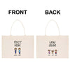 two beige tote bags with text and illustrations on them. The text on the bags reads "FIRST MOM" and "NOW GRAM", and there are illustrations of two children and two adults.