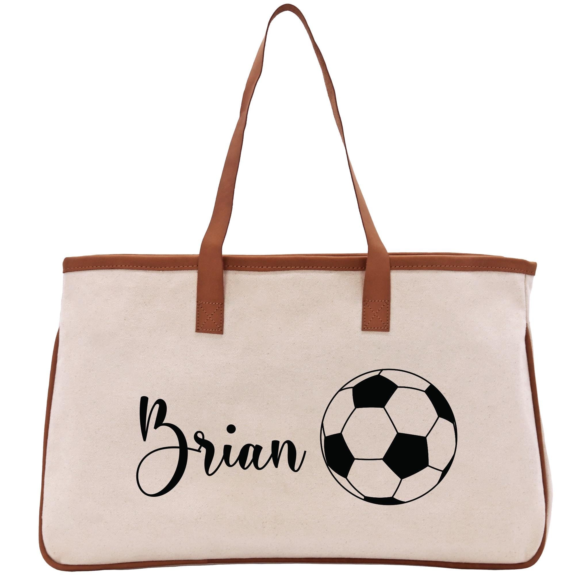 a canvas bag with a soccer ball on it