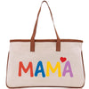 a canvas bag with the word mama painted on it