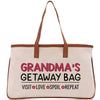 a canvas bag with the words grandma's getaway bag on it