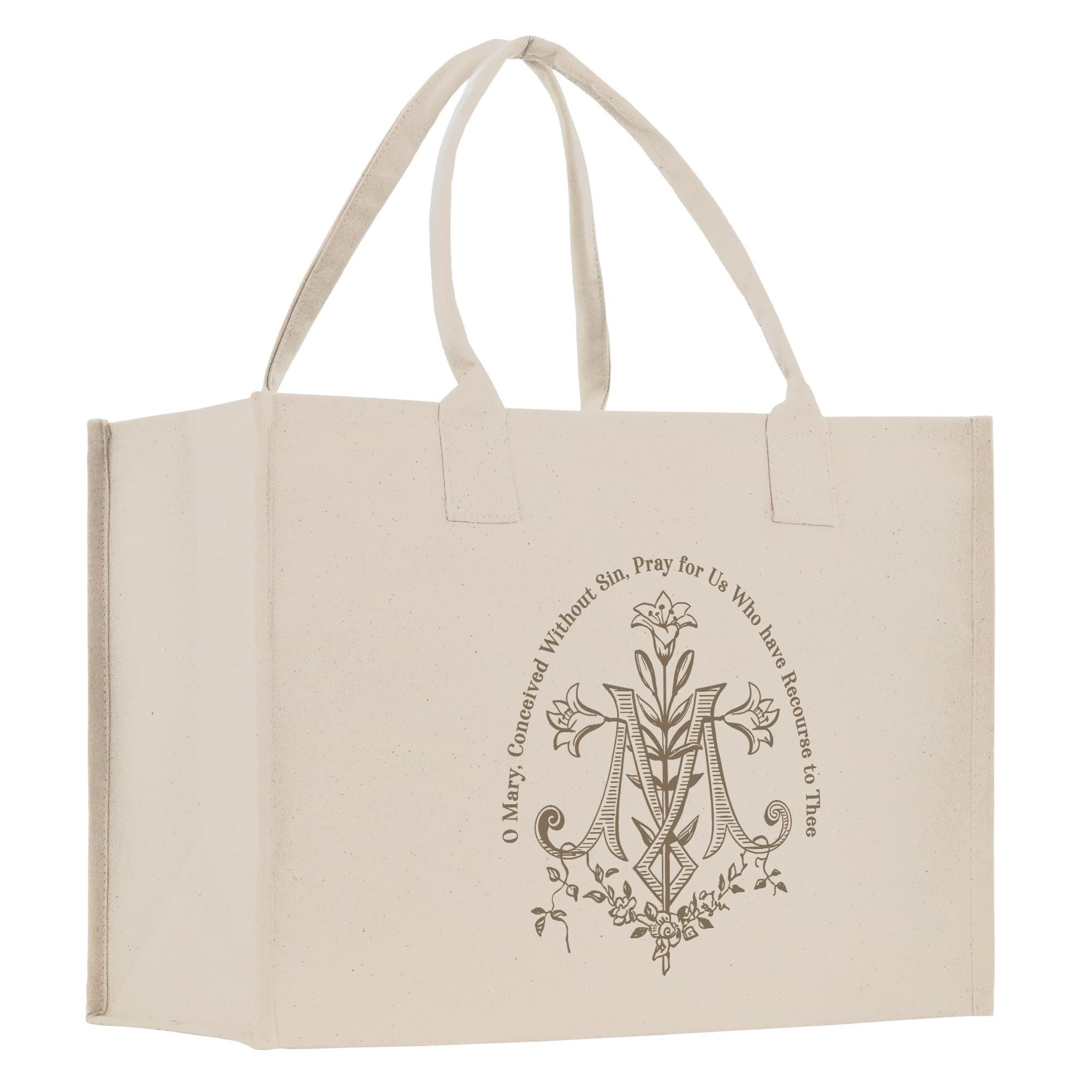 A beige canvas tote bag with a decorative floral design and text printed on it.