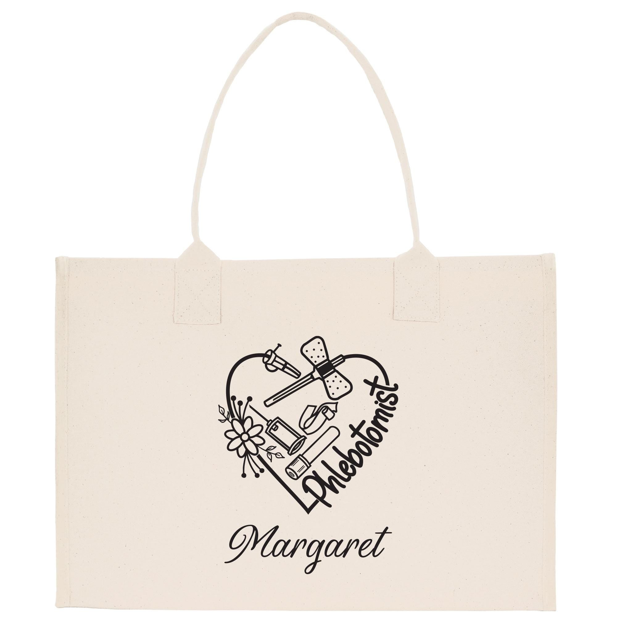 a white bag with a heart and the words margaret on it