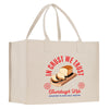 A beige tote bag with a graphic design featuring a loaf of bread and the text "In our crust we trust" and "Tourdough Life starter flour salt water".