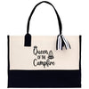A beige tote bag with the text 