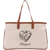a large white bag with a brown handle