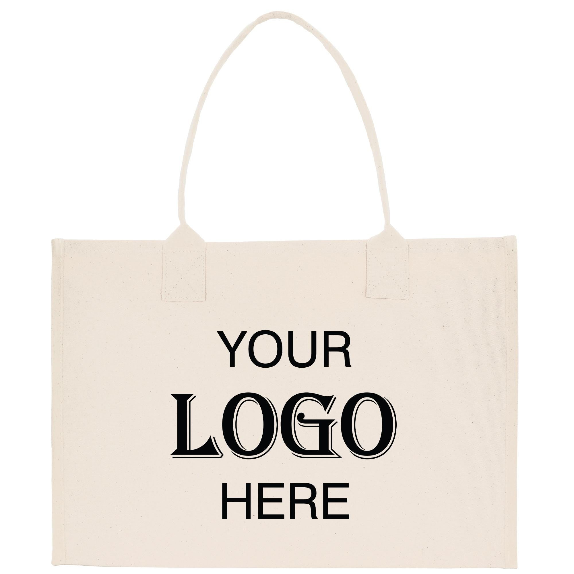 A beige canvas tote bag with the text &quot;YOUR LOGO HERE&quot; printed on it.