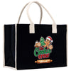 A black tote bag with a white handle and a graphic of a gingerbread man wearing a Santa hat.