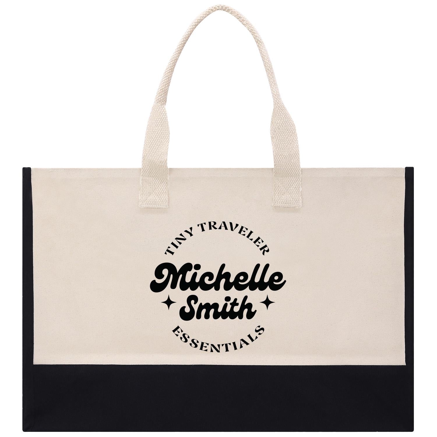 a black and white shopping bag with a logo on it