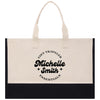 a black and white shopping bag with a logo on it