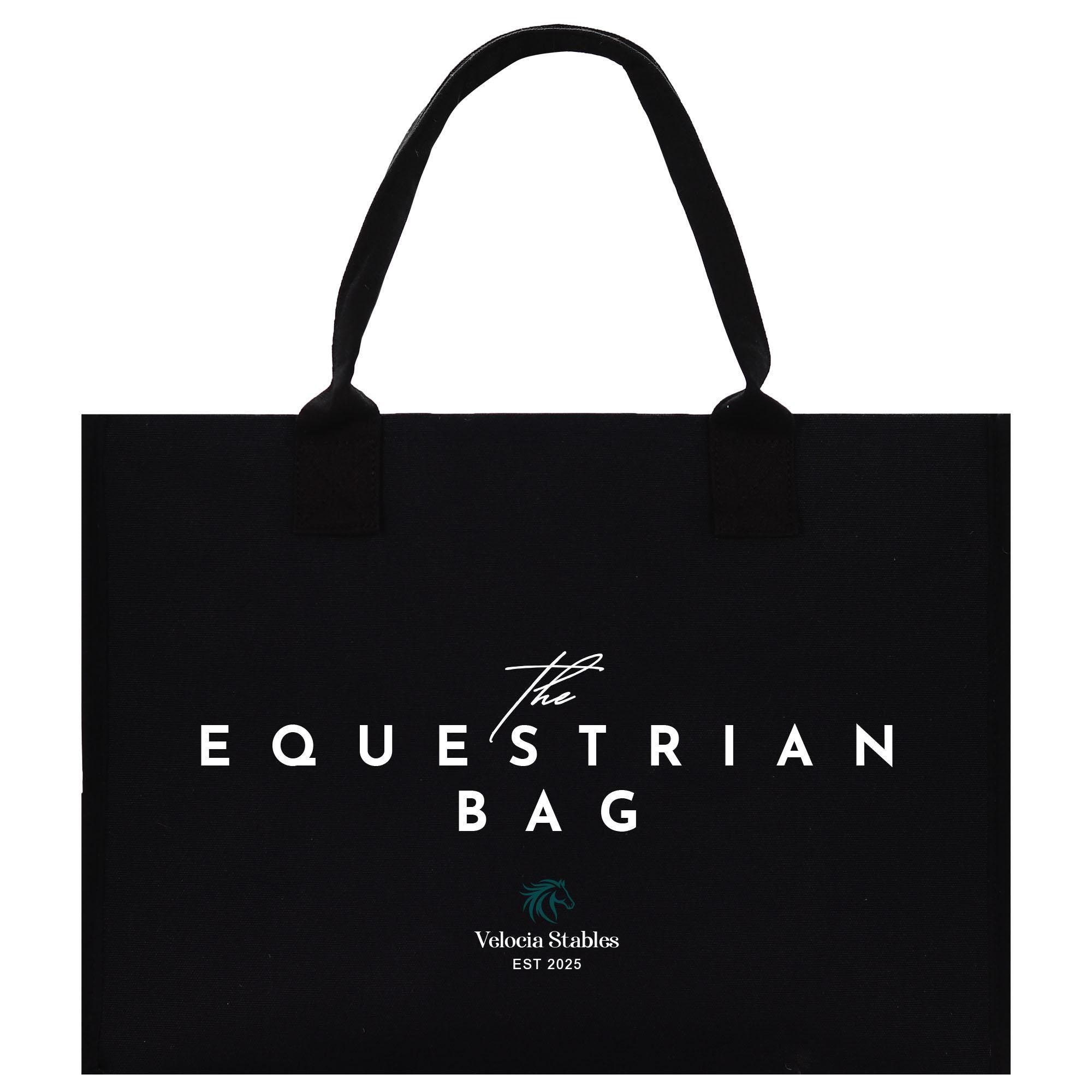 The image is a black bag with white text and a logo, which appears to be a bag or accessory related to equestrian activities.