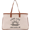 a white bag with a brown handle and a lake life logo on it