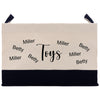 a white bag with black and white writing on it