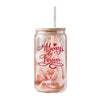 A glass jar with a straw, containing pink and white food items, and the text "Always Forever" printed on it.