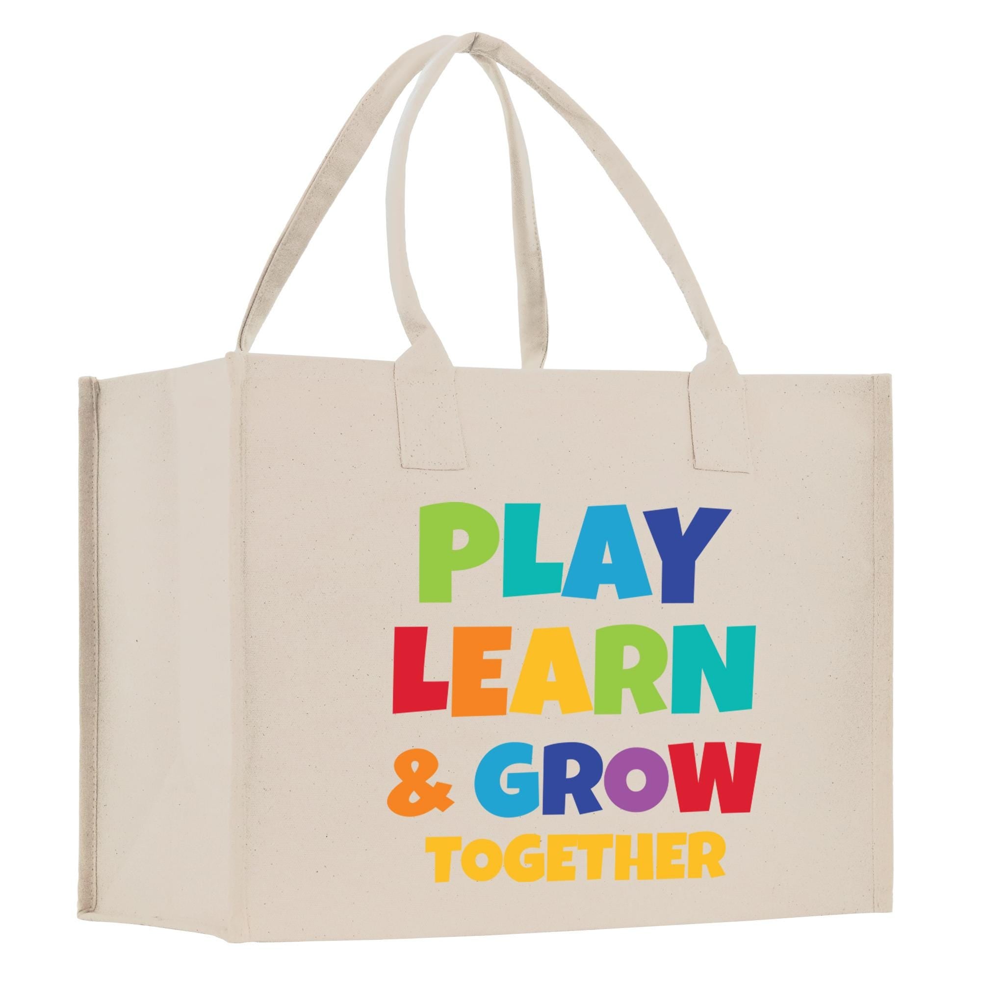 a white bag with play learn and grow together on it