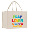 a white bag with play learn and grow together on it