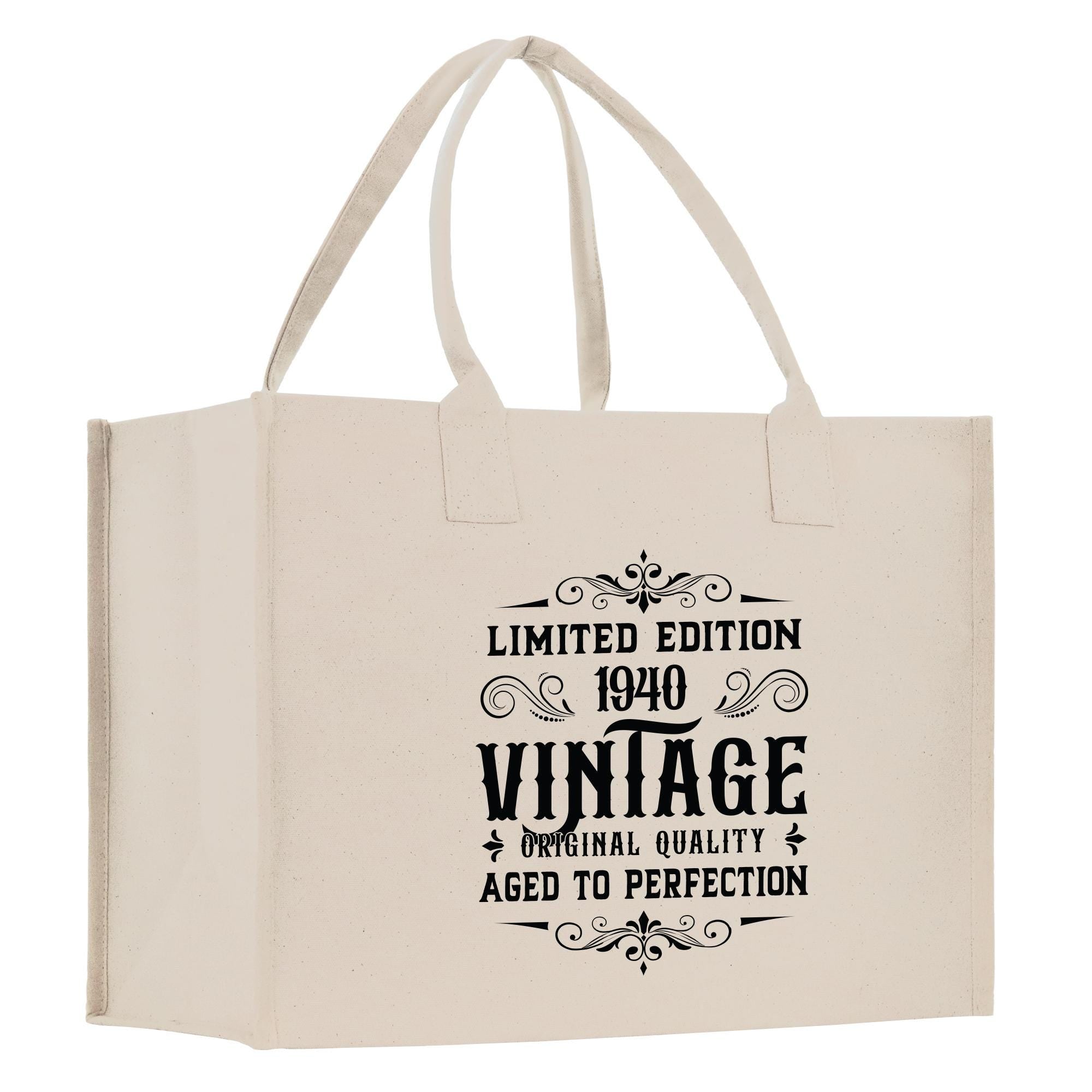 A beige canvas tote bag with a vintage-style design printed on it.