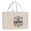 A beige canvas tote bag with a vintage-style design printed on it.
