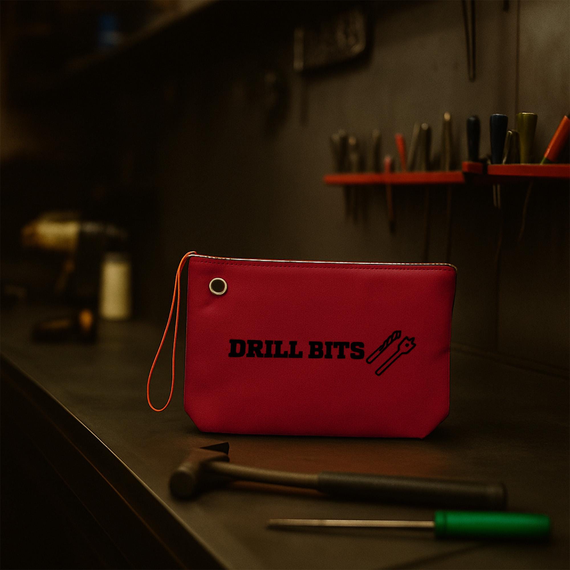 A red tool bag with the text &quot;DRILL BITS&quot; printed on it, sitting on a workbench with various tools and equipment in the background.