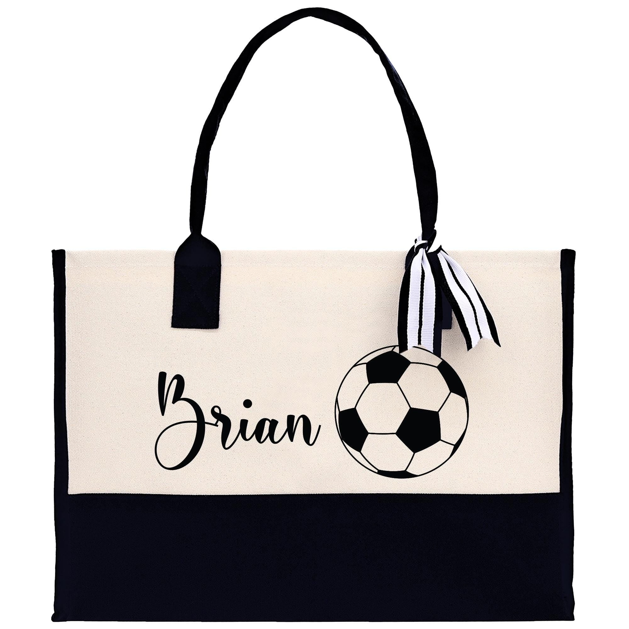 a black and white bag with a soccer ball on it