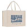 A beige canvas tote bag with the text "HUMAN RESOURCES MARGARET" printed on it in a stylized font.