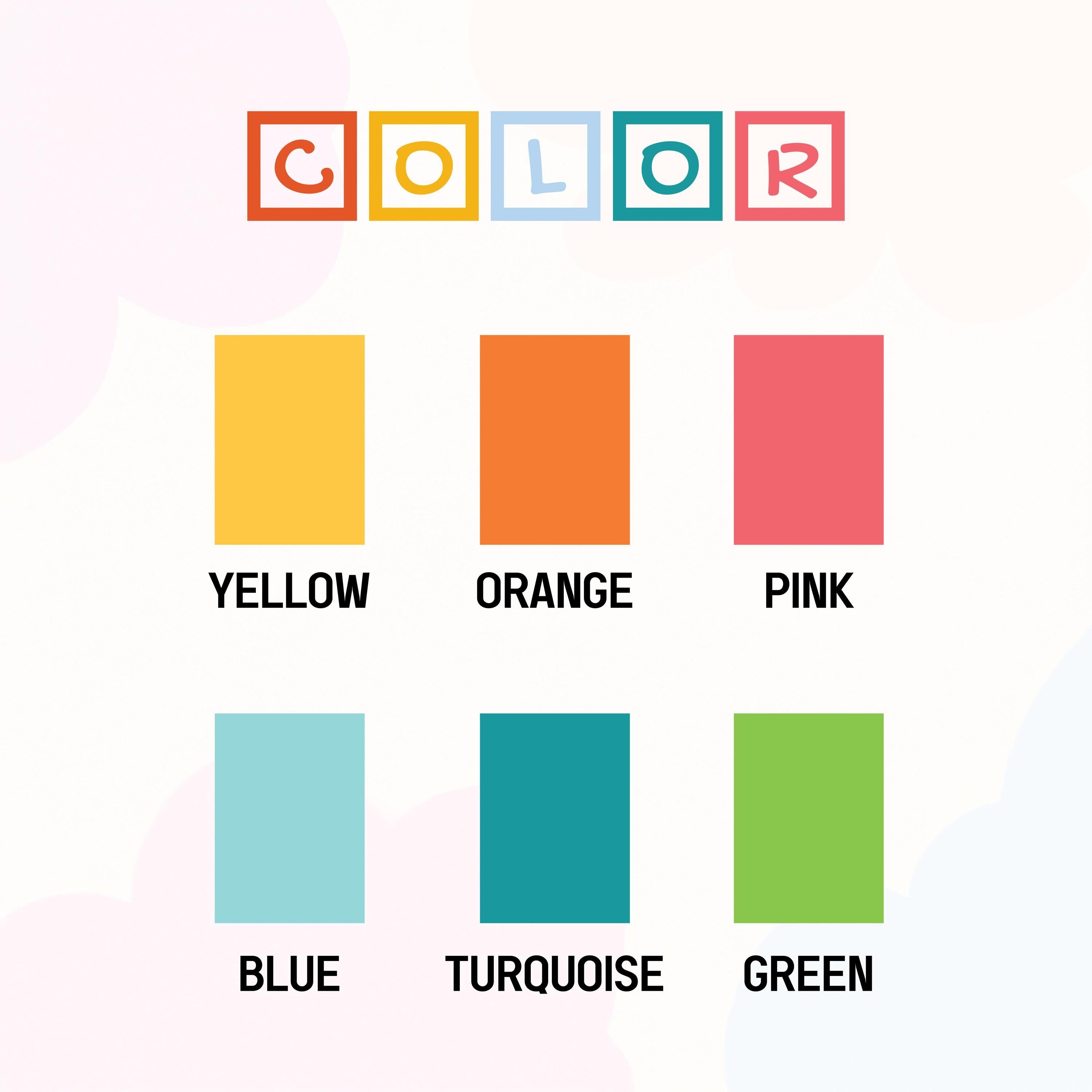 a color chart with different shades of orange, pink, blue, and green