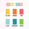 a color chart with different shades of orange, pink, blue, and green