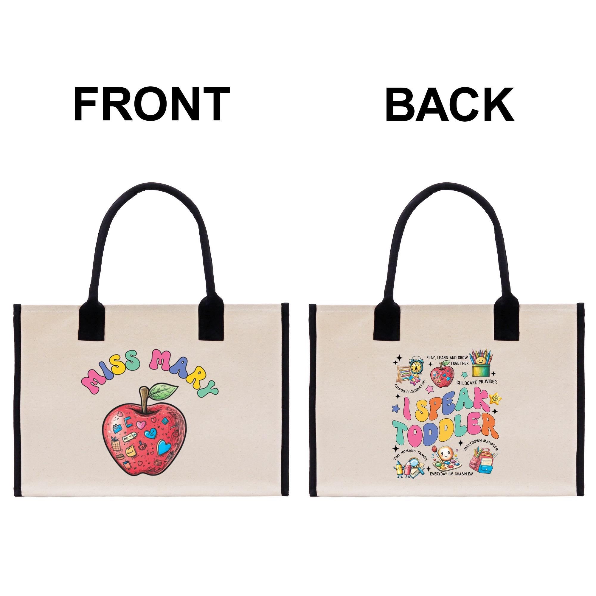 two bags with different designs on them, one has an apple and the other has