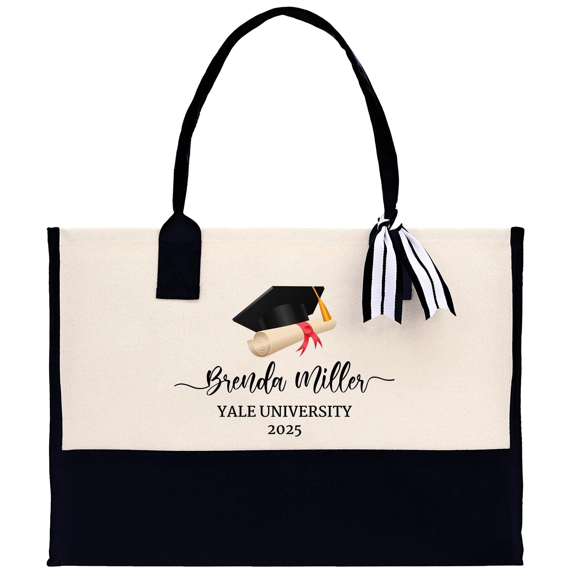 A tote bag with a graduation cap and mortarboard on it, along with the text &quot; Brenda Miller Yale University 2020&quot;.