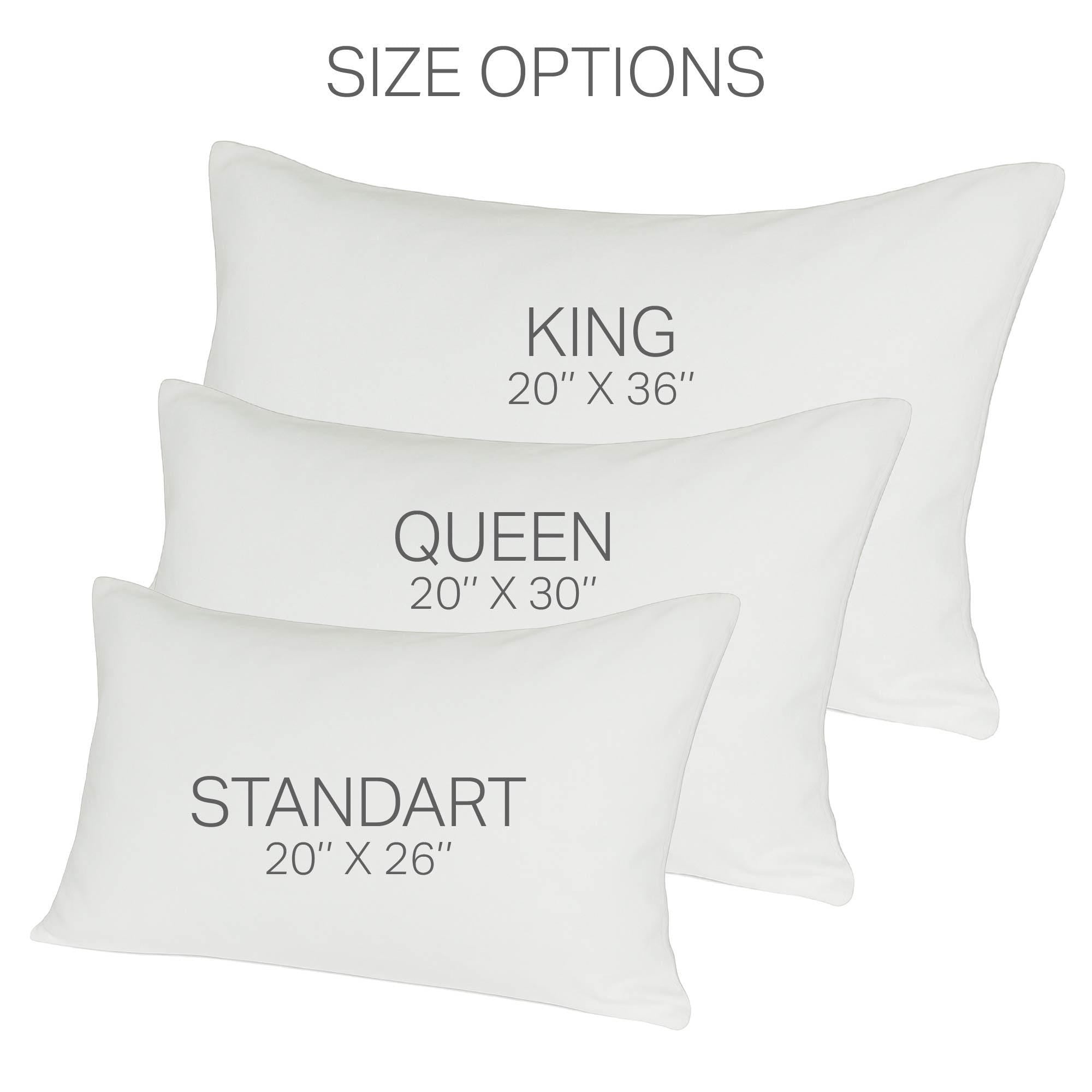 three different pillow sizes: King, Queen, and Standard, each labeled with their respective dimensions.