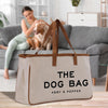 a woman sitting on a couch next to a dog