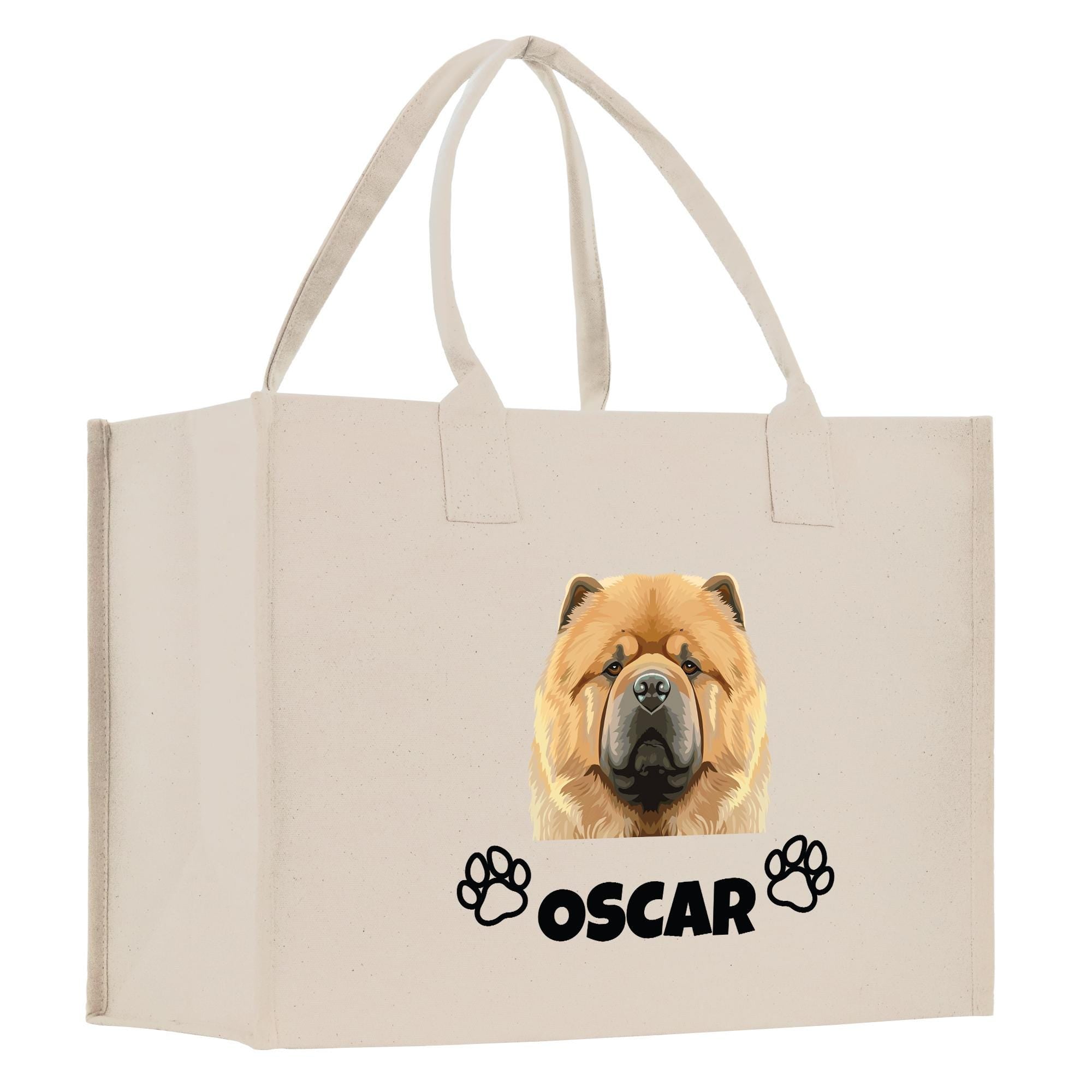 A beige canvas tote bag with a printed image of a chow dog and the name &quot;OSCAR&quot; below it.