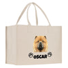 A beige canvas tote bag with a printed image of a chow dog and the name "OSCAR" below it.