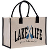 a white bag with black handles and a lake life logo on it