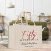 a white shopping bag sitting on top of a wooden table